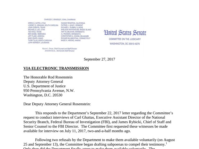 Page from Grassley Sept 27 2017 letter to Rosenstein naming Carl Ghattas
